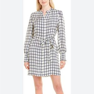 Joie Blandina blue white plaid long sleeve ruffle shirt dress